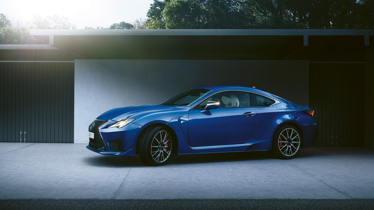 A Lexus RC F parked in a garage 